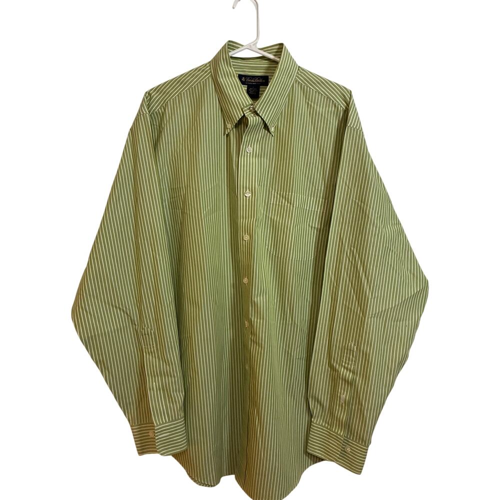 Brooks Brothers Mens L Green White Stripe Button Down Shirt Cotton Preppy